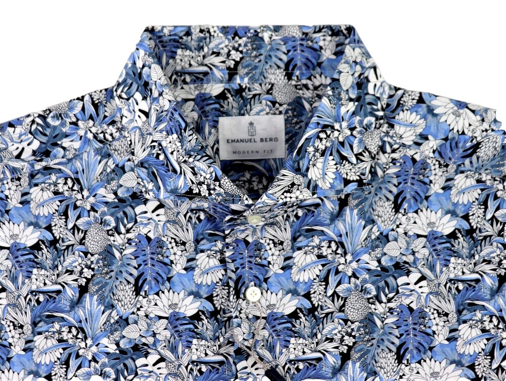 Emanuel Berg Shirt 18 XXL 46 Blue Plants Floral Cotton Modern Fit Button Up